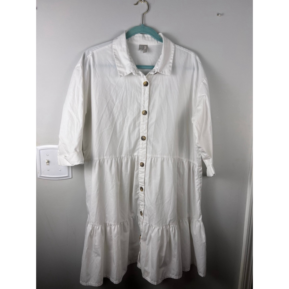 ASOS White Tiered Shirt Dress US 10 Button Front 3/4 Sleeve Cotton Blend Flowy